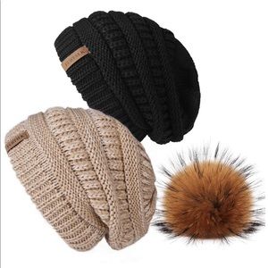 2 Slouchy Beanie Black/Khaki Real Fur Pom